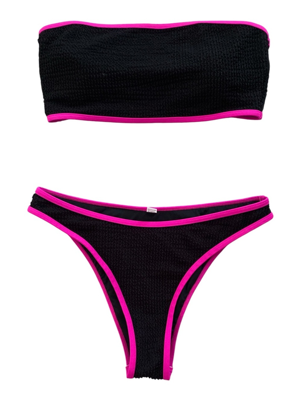 Black Bandeau Bikini Set with Hot Pink Trim
